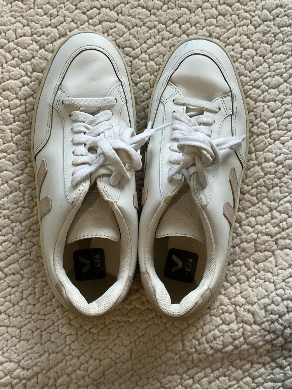Veja Volley White Leather Sneakers with Beige Suede V Accent